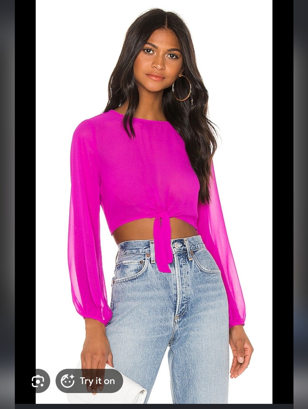 Superdown Jemma Tie Front Long-Sleeve Crop Top - Fuchsia Pink Size Small EUC